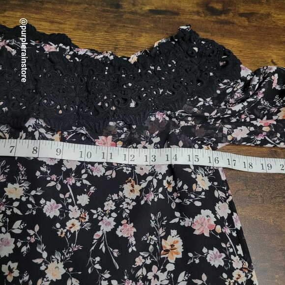 WHBM Floral Chiffon Ruffle Crochet Lace Top 1X Sheer Flutter Sleeve Ethereal - Picture 8 of 14